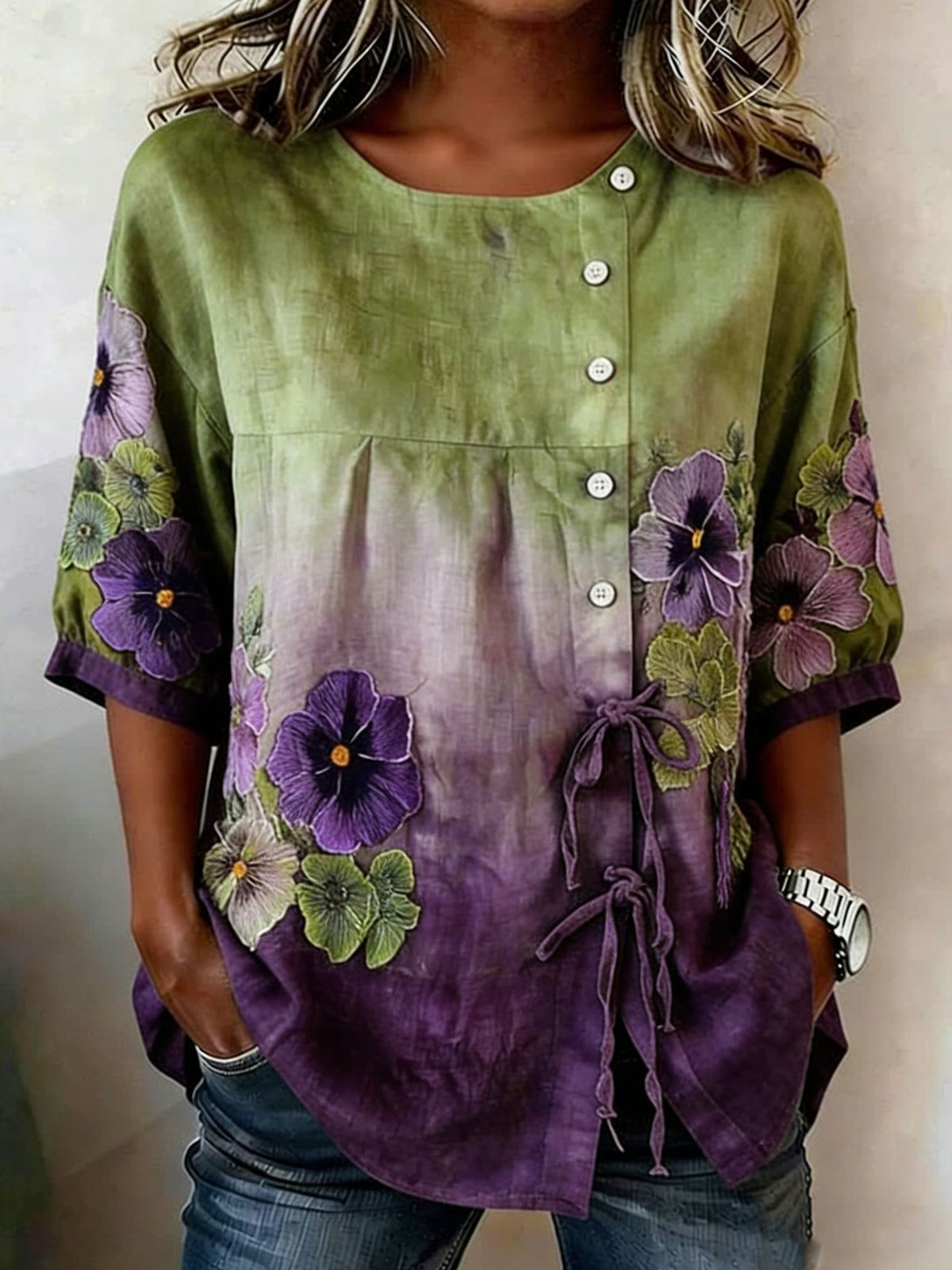 Women's Floral Buttoned Linen Blend Shirt