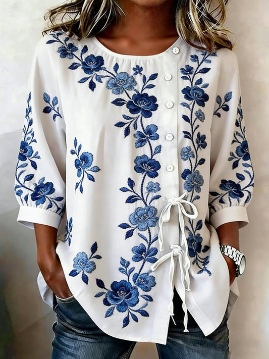 Women's Floral Buttoned Linen Blend Shirt