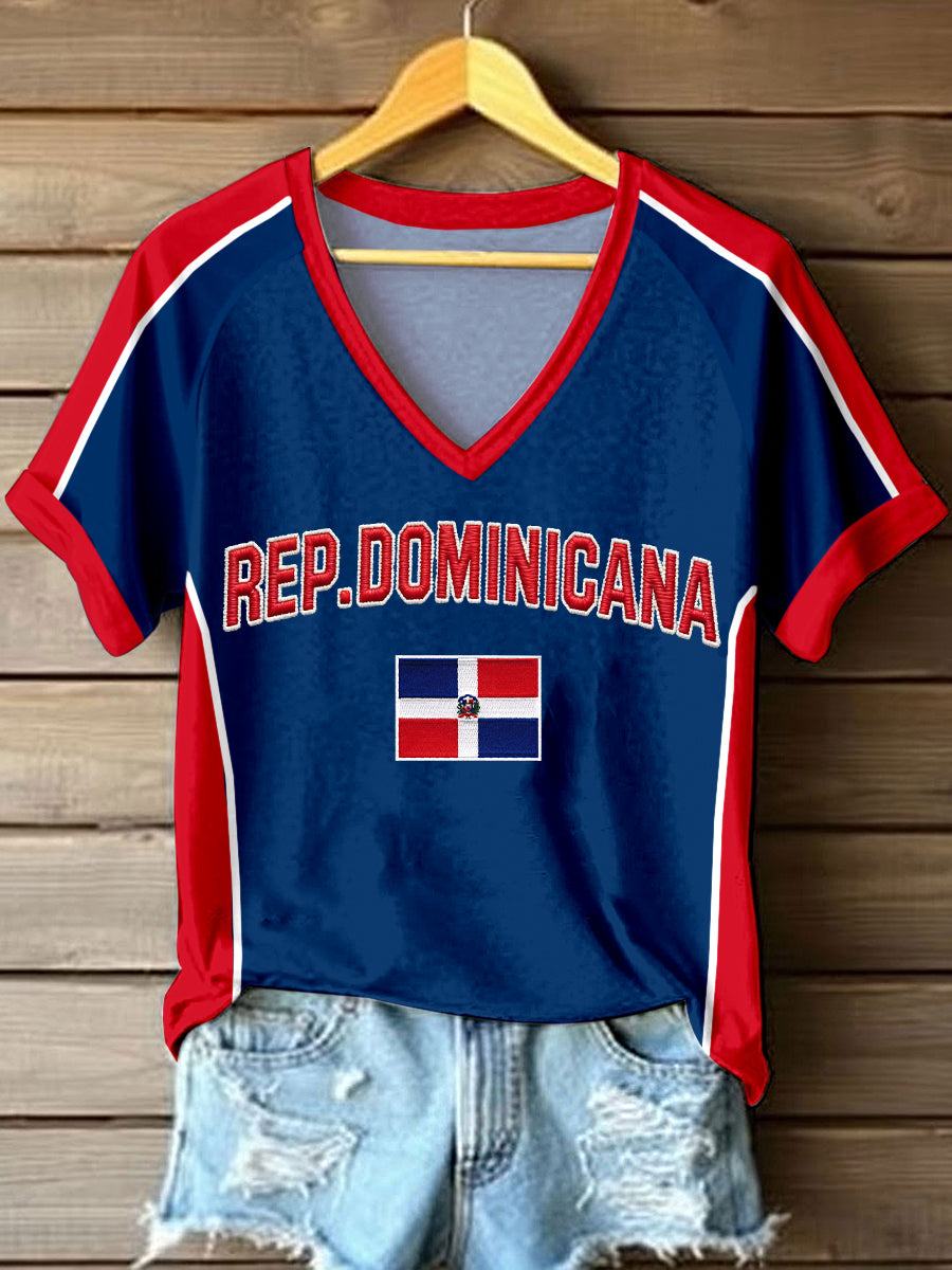 Women's Dominican Republic Inspired Print V-Neck T-Shirt