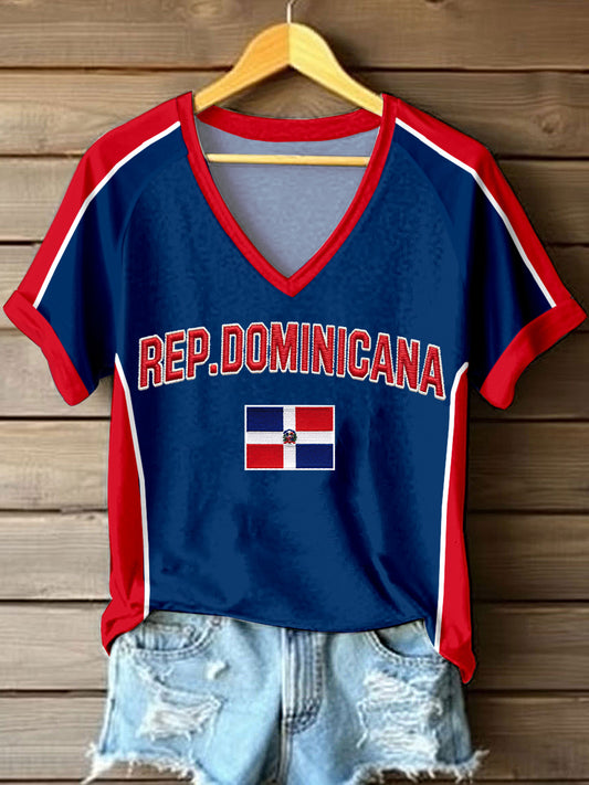 Women's Dominican Republic Inspired Print V-Neck T-Shirt