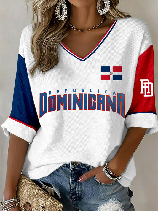Women's Dominican Republic Inspired Print V-Neck T-Shirt