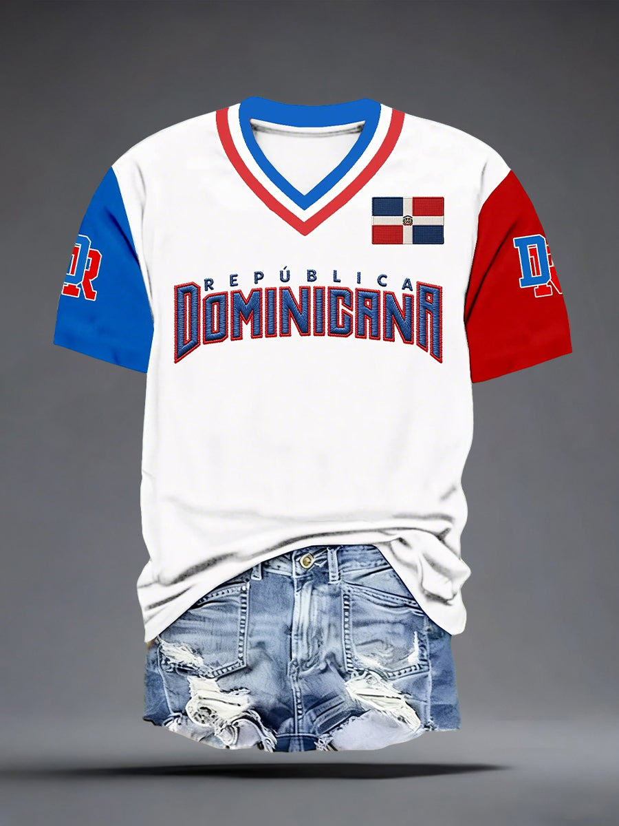 Women's Dominican Republic Inspired Print V-Neck T-Shirt