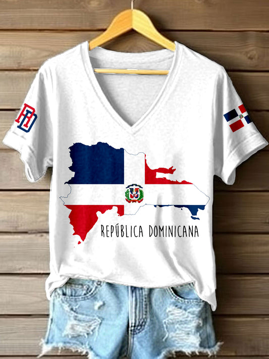 Women's Dominican Republic Inspired Print V-Neck T-Shirt