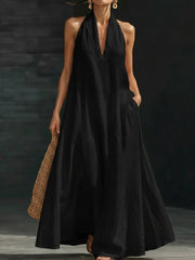 Women's solid color V-neck cotton linen dress