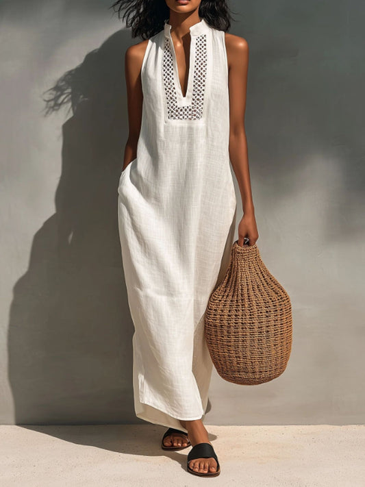 Women's Boho Sleeveless Hollow Neckline Cotton Linen Long Dress