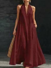 Women's solid color V-neck cotton linen dress