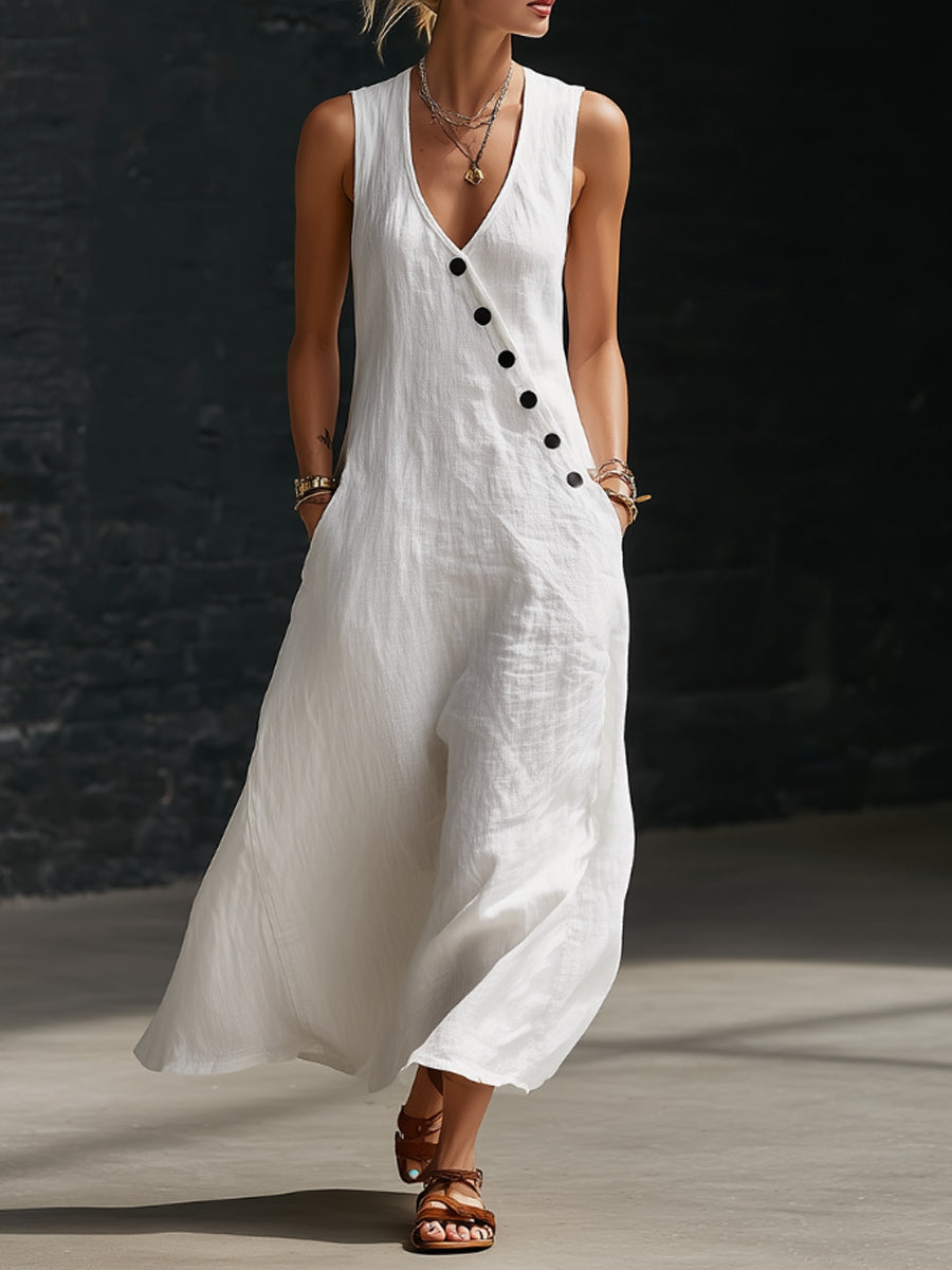Women's V-neck button-down cotton linen sleeveless vest dress