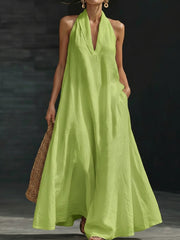 Women's solid color V-neck cotton linen dress