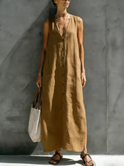 Women's cotton linen V-neck button sleeveless loose long dress