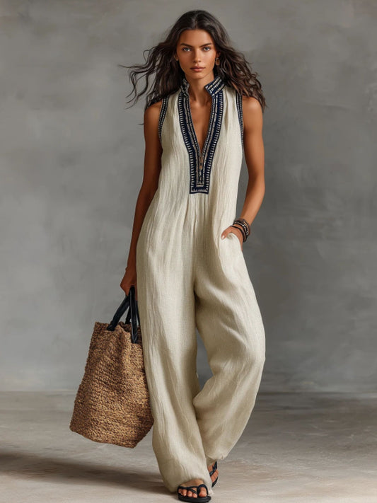 Women's solid color linen sleeveless jumpsuit
