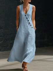 Women's V-neck button-down cotton linen sleeveless vest dress