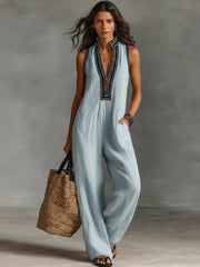 Women's solid color linen sleeveless jumpsuit