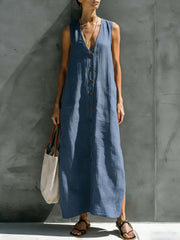 Women's cotton linen V-neck button sleeveless loose long dress