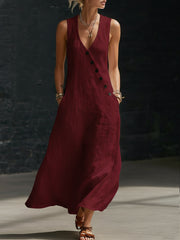 Women's V-neck button-down cotton linen sleeveless vest dress