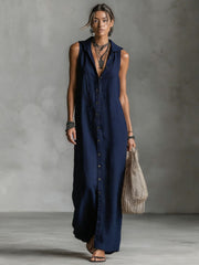 Women's casual loose sleeveless single-breasted cotton linen hooded dress