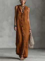 Women's casual loose sleeveless single-breasted cotton linen hooded dress
