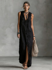 Women's casual loose sleeveless single-breasted cotton linen hooded dress