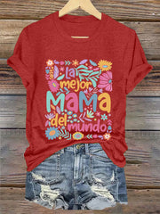 Women's Mother's Day La Mejor Mama Del Mundo Floral Short Sleeve T-Shirt