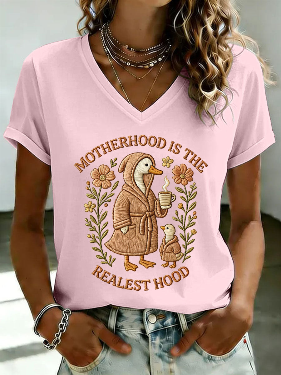 Women's 'Motherhood is the Realest Hood' Printed Casual T-Shirt