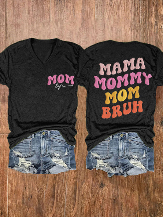 Women's Funny Mama Mommy Mom Bruh Mother's Day Gift Casual V-Neck Tee