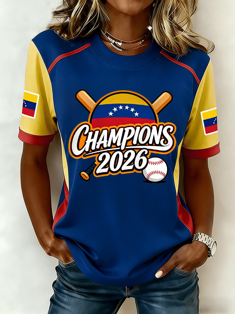 Women's Celebrate Venezuela 2026 Baseball Champions Print Casual Tee
