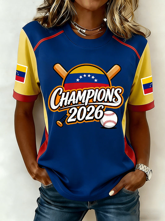 Women's Celebrate Venezuela 2026 Baseball Champions Print Casual Tee