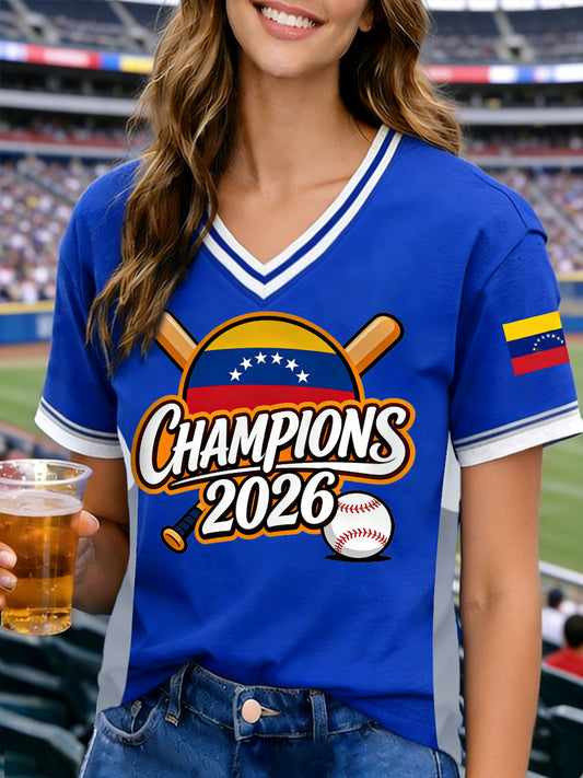 Women's Celebrate Venezuela 2026 Baseball Champions Print Casual V-Neck Tee