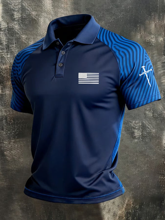 Men's Faith Cross and American Flag Print Polo Shirt