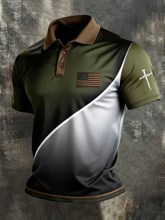 Men's Faith Cross And American Flag Print Polo Shirt