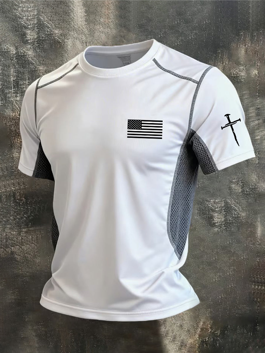 Men's Faith Cross And American Flag Print T-Shirt