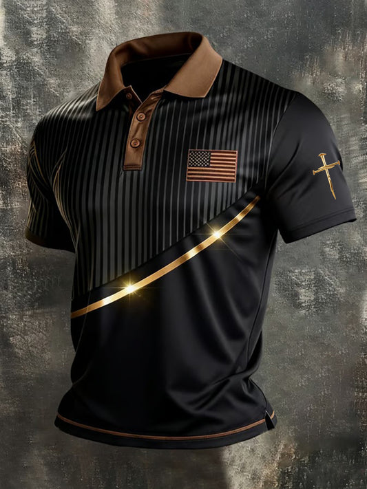Men's Faith Cross And American Flag Print Polo Shirt