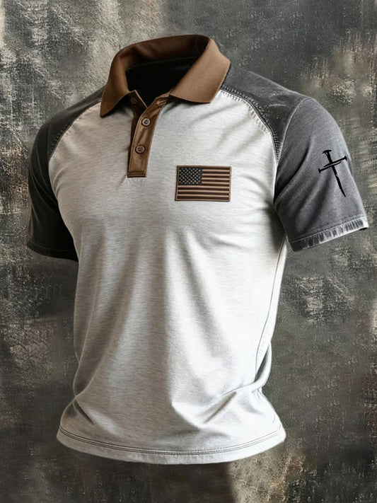 Men's Faith Cross And American Flag Print Polo Shirt