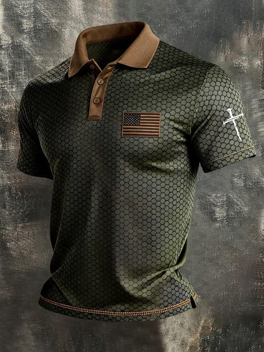 Men's Faith Cross And American Flag Print Polo Shirt