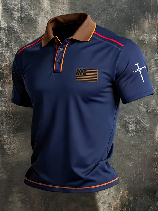 Men's Faith Cross And American Flag Print Polo Shirt