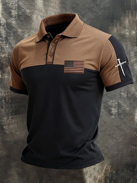 Men's Faith Cross And American Flag Print Polo Shirt