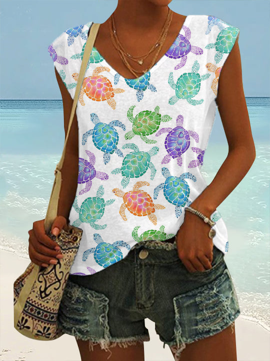 Women's Cute Sea Turtles Print Casual Sleeveless Tee