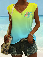 Women's Floral Sea Turtle Print Casual Sleeveless Tee