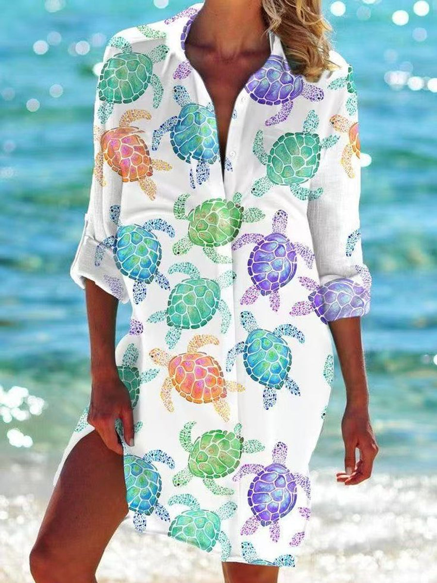 Women's Sea Turtle Print Casual Mid-Length Shirt