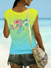 Women's Floral Sea Turtle Print Casual Sleeveless Tee