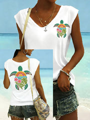 Women's Floral Sea Turtle Print Casual Sleeveless Tee