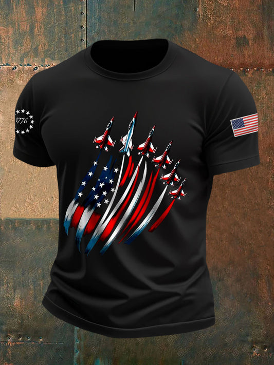 Men's Independence Day USA Flag Fighter Jets Print Casual Tee