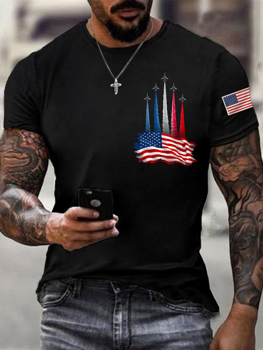 Men's Independence Day American Flag Jet Plane Print Casual Tee