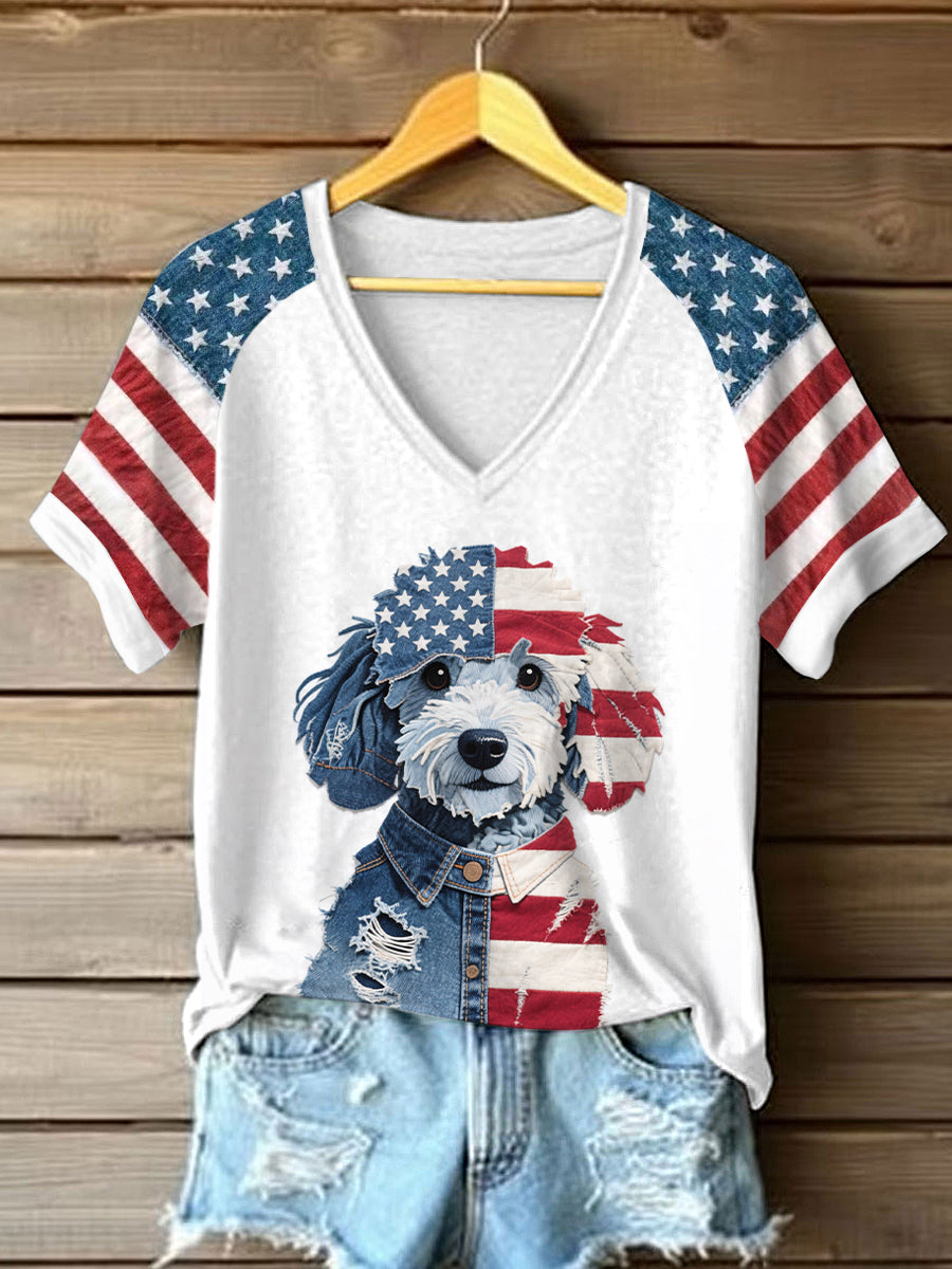Women's Independence Day Dog Pattern Patchwork Art T-Shirt