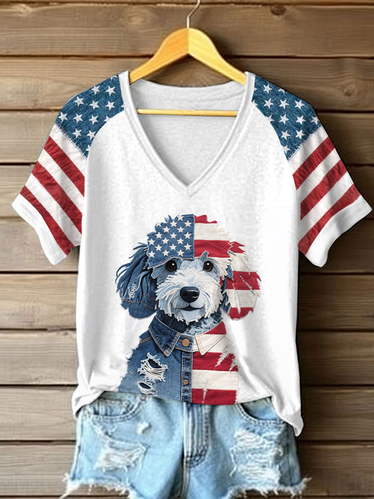 Women's Independence Day Dog Pattern Patchwork Art T-Shirt