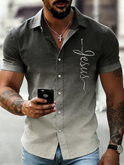 Men's Christian Jesus Cross Printed Casual Cotton Linen Short Sleeve Shirt
