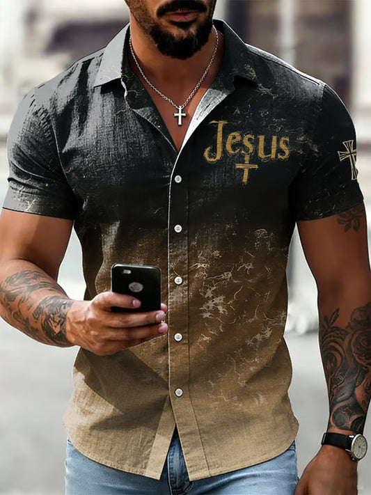 Men's Christian Jesus Cross Printed Casual Cotton Linen Short Sleeve  Shirt