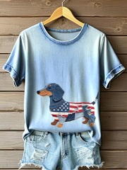 Women's Independence Day Dachshund Patchwork Art Tee