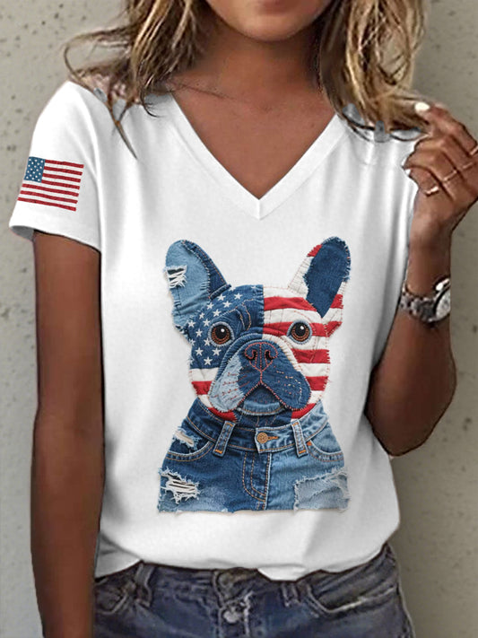 Women's Independence Day French Bulldog Pattern Patchwork Art T-Shirt