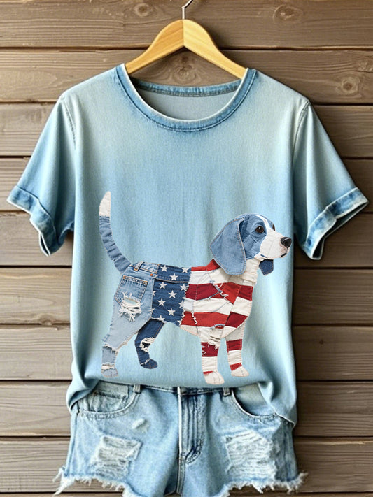 Women's Independence Day Inspired Beagle Pattern Patchwork Art T-Shirt