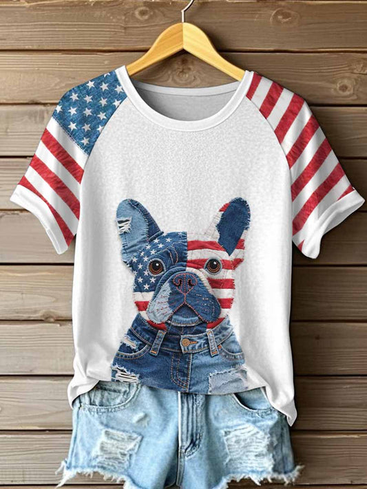 Women's Independence Day Inspired French Bulldog Patchwork Art T-Shirt